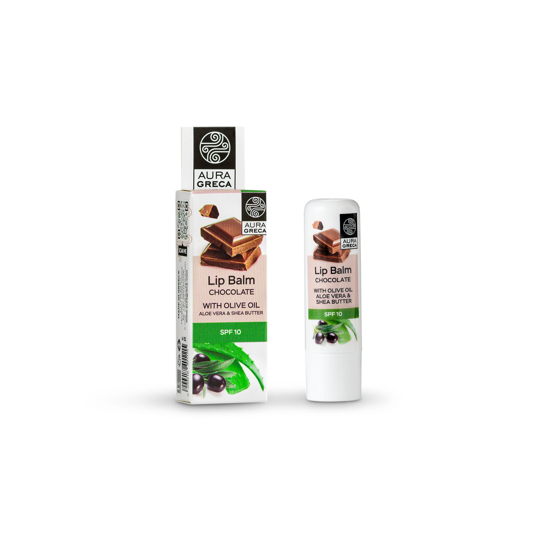 Aura Greca Lip Balm Chocolate with Olive Oil, Aloe Vera & Shea Butter SPF 10 – Smooth and hydrating lip balm.