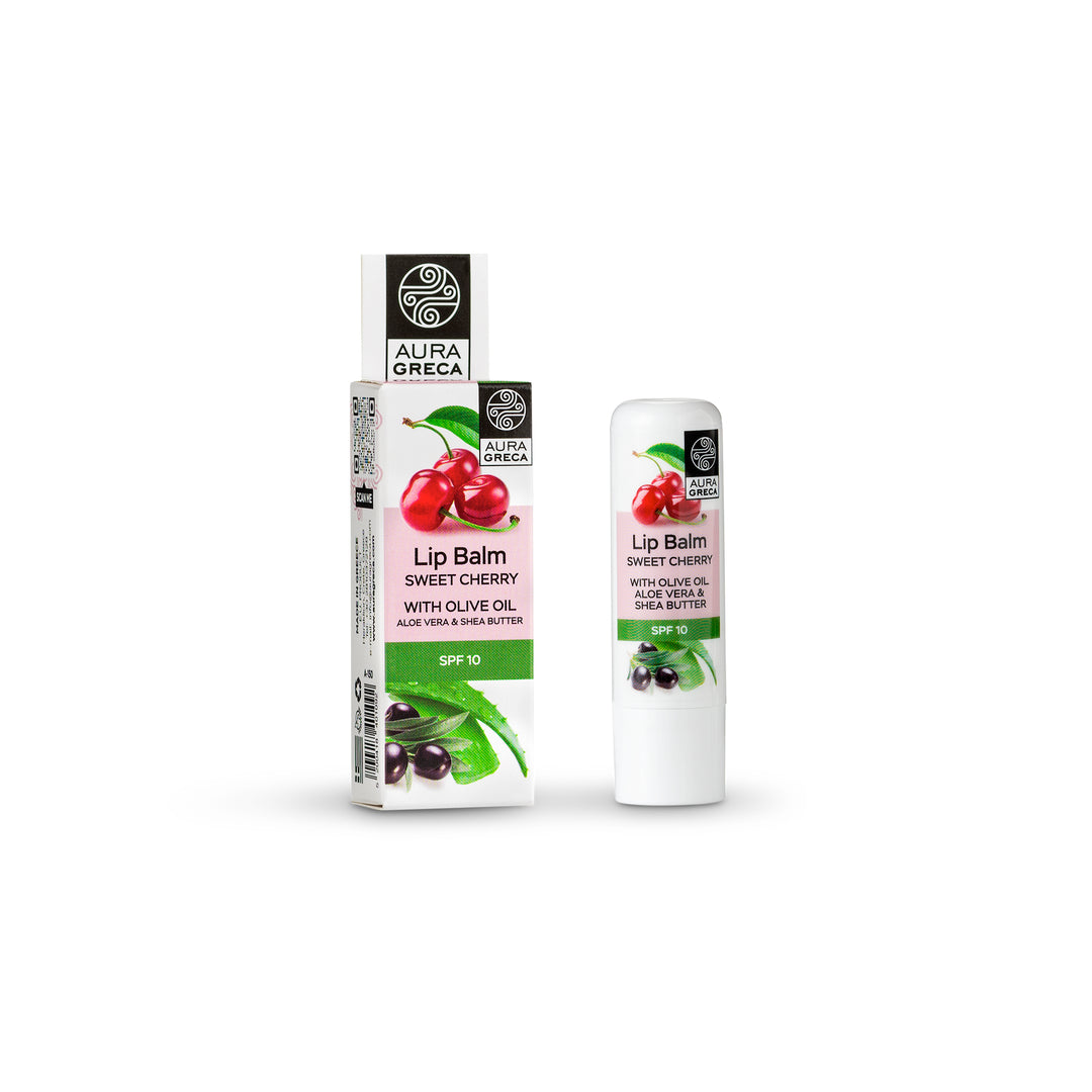 Aura Greca Lip Balm Cherry with Olive Oil, Aloe Vera & Shea Butter SPF 10 – Hydrating and nourishing lip care.