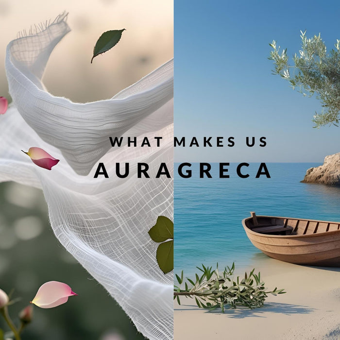 Split image of flowing fabric with rose petals on one side and a serene Greek seaside with a wooden boat and olive branch on the other, featuring the text 