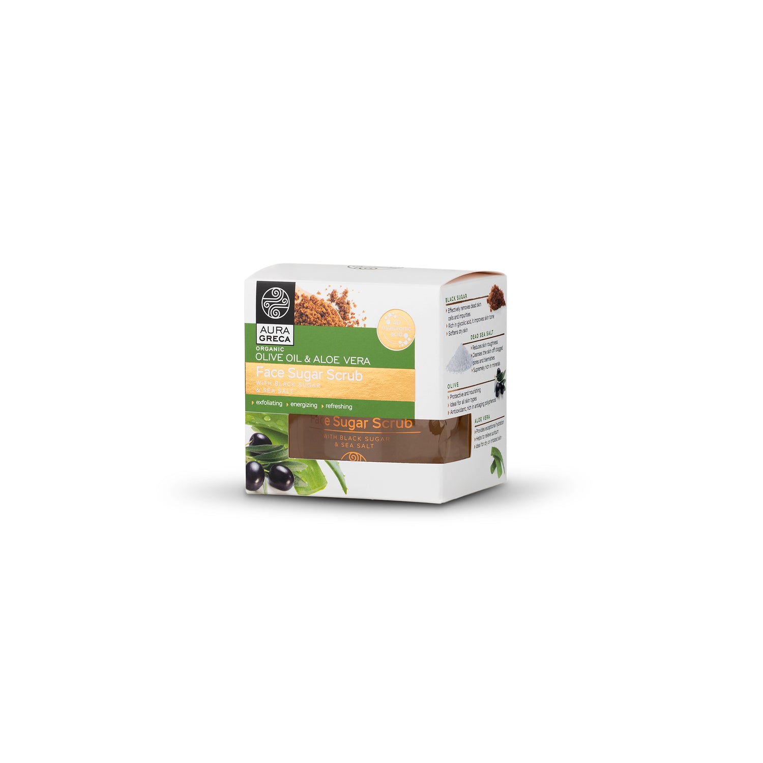 Aura Greca Face Sugar Scrub with Black Sugar & Sea Salt – Exfoliating and energizing scrub for smooth, radiant skin, 150ml.