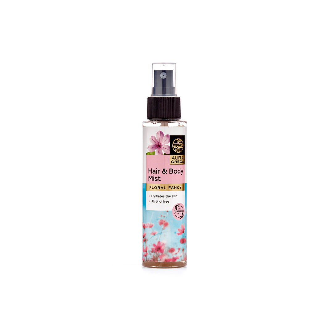 Aura Greca Floral Fancy alcohol-free mist with a romantic floral scent of fresh roses, vanilla, fruity sweetness, and warm musk.