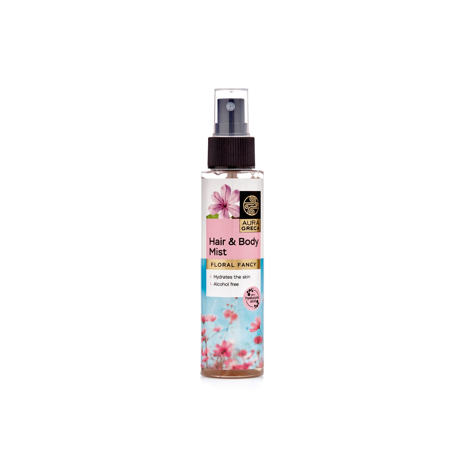 Aura Greca Floral Fancy alcohol-free mist with a romantic floral scent of fresh roses, vanilla, fruity sweetness, and warm musk.