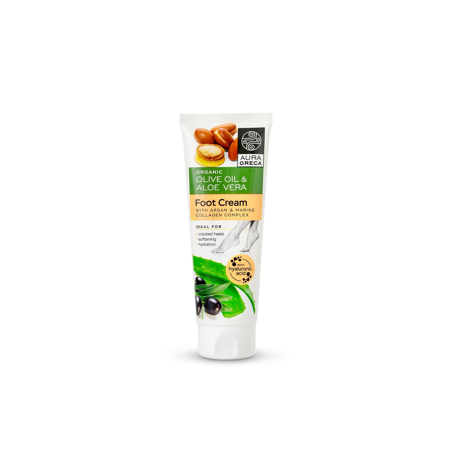 Aura Greca Foot Cream with Argan & Marine Collagen Complex, ideal for cracked heels, softening, and hydration.