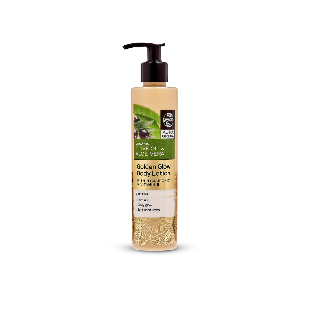 Aura Greca Golden Glow Body Lotion with hyaluronic acid and vitamin E for soft, dewy, and radiant skin.