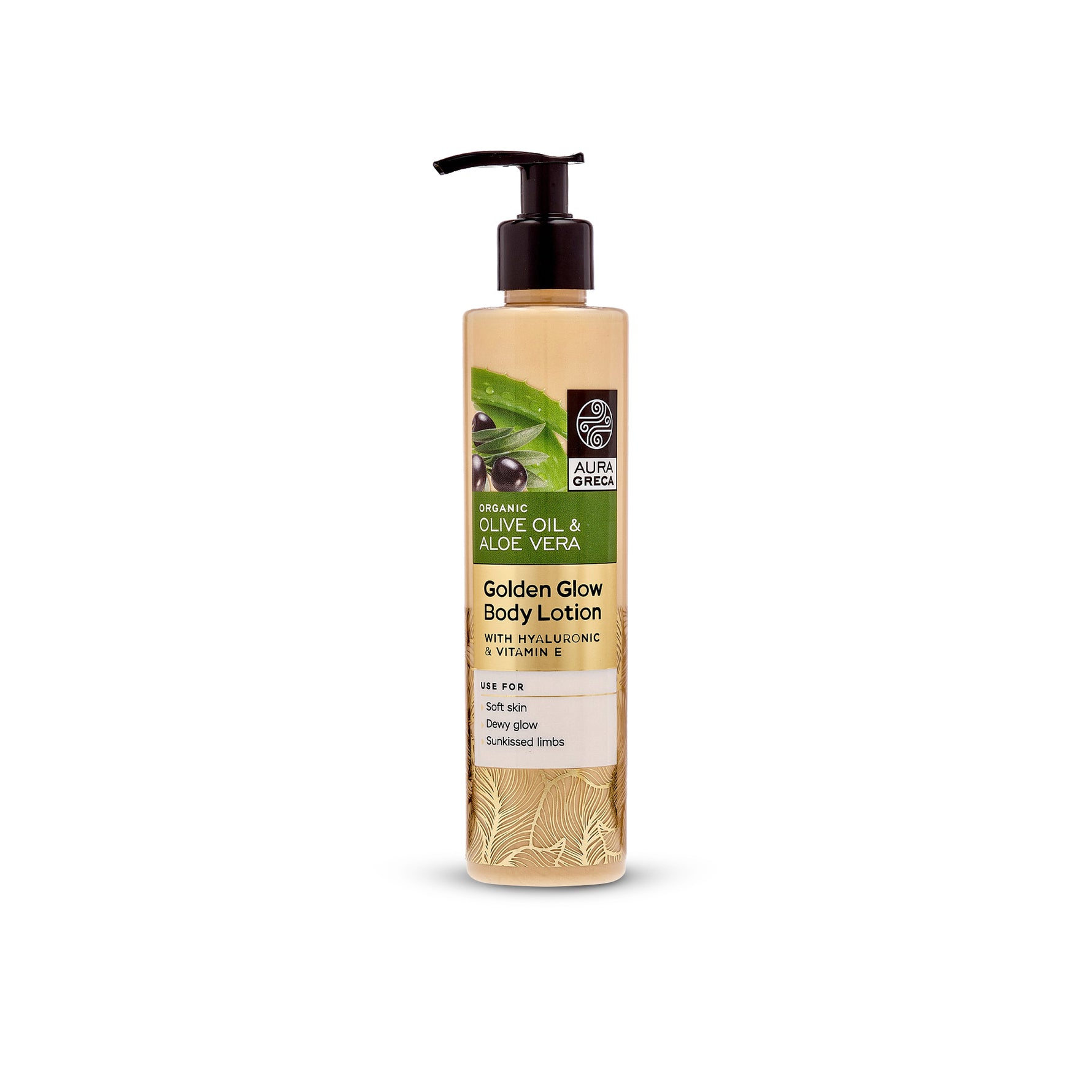 Aura Greca Golden Glow Body Lotion with hyaluronic acid and vitamin E for soft, dewy, and radiant skin.
