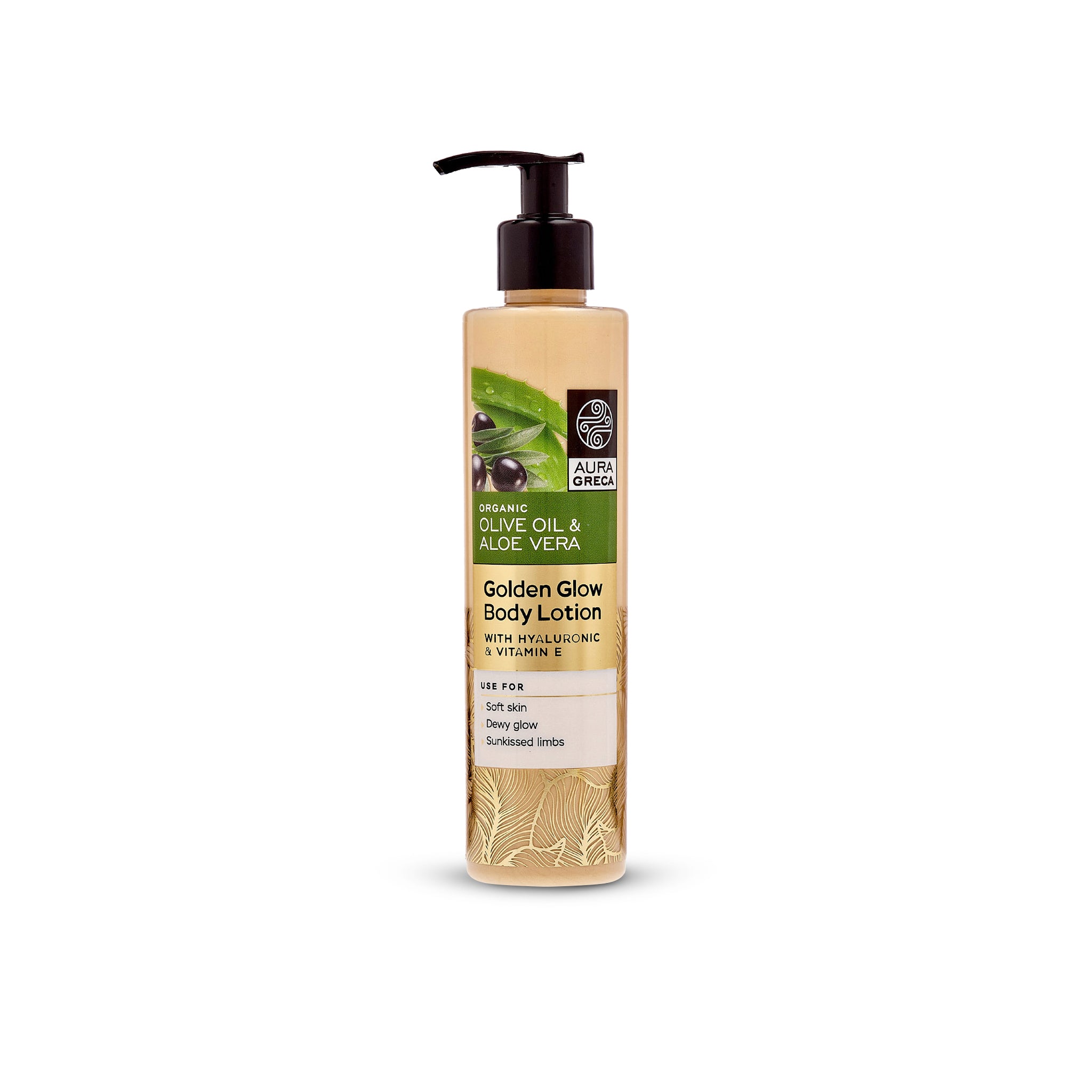 Aura Greca Golden Glow Body Lotion with hyaluronic acid and vitamin E for soft, dewy, and radiant skin.