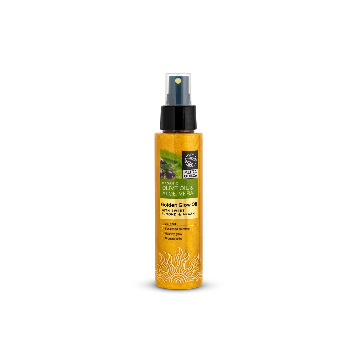 Aura Greca Golden Glow Oil with sweet almond and argan for a sun-kissed shimmer and healthy glow.