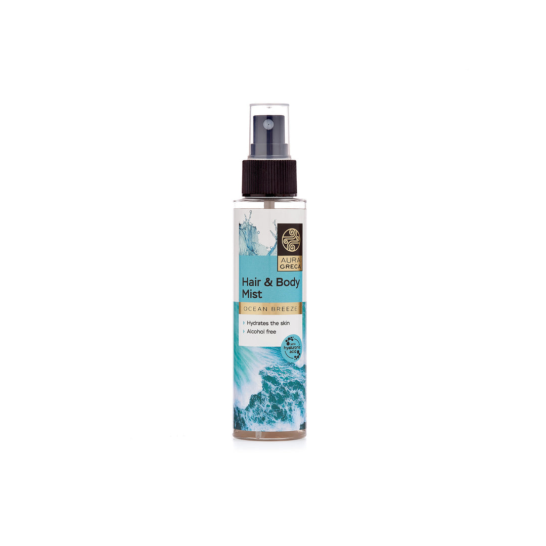 Aura Greca Hair & Body Mist Ocean Breeze – Alcohol-free mist with hyaluronic acid and aloe vera for skin and hair hydration.