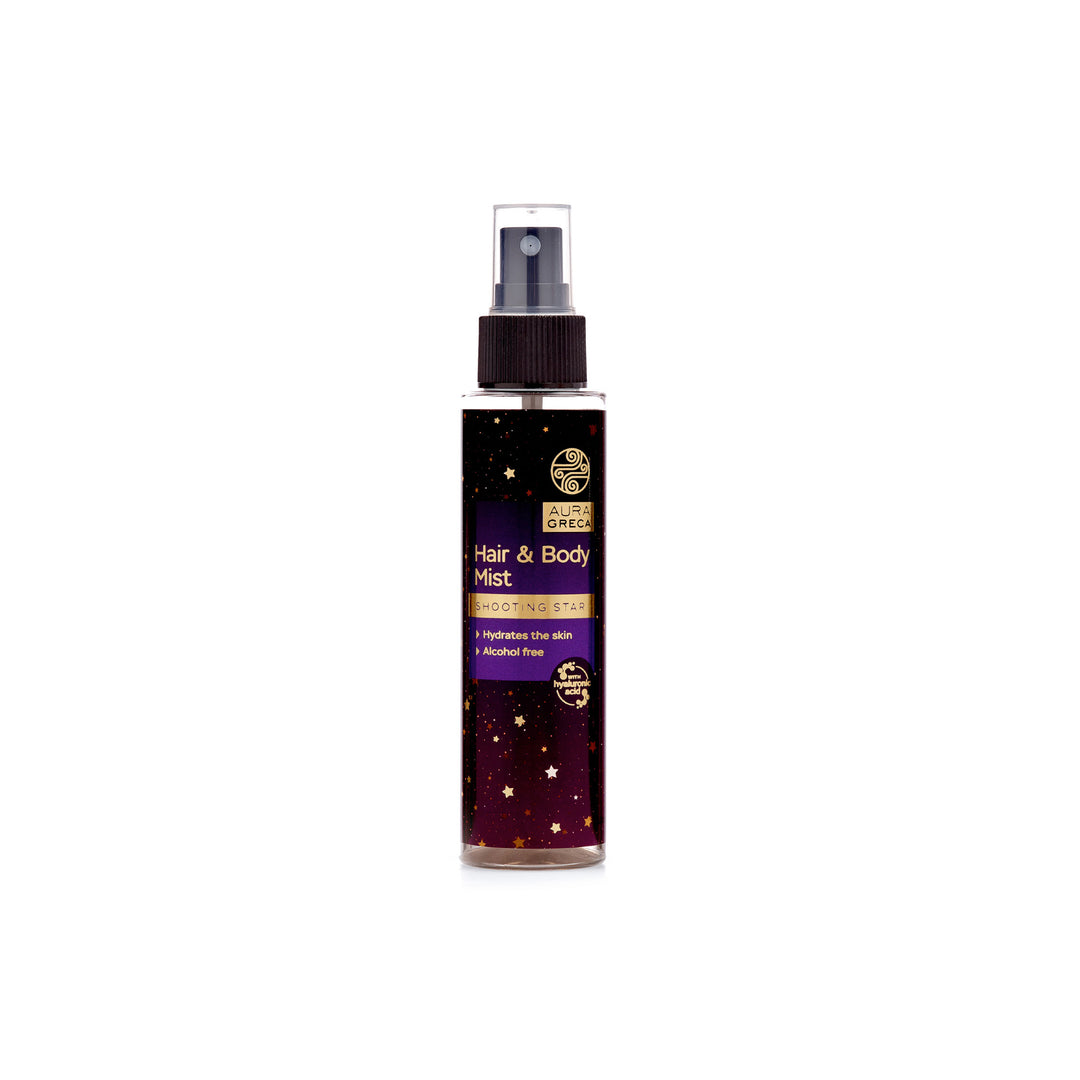 Aura Greca Hair & Body Mist Shooting Star – Hydrating, alcohol-free mist with hyaluronic acid and aloe vera for nourished skin.