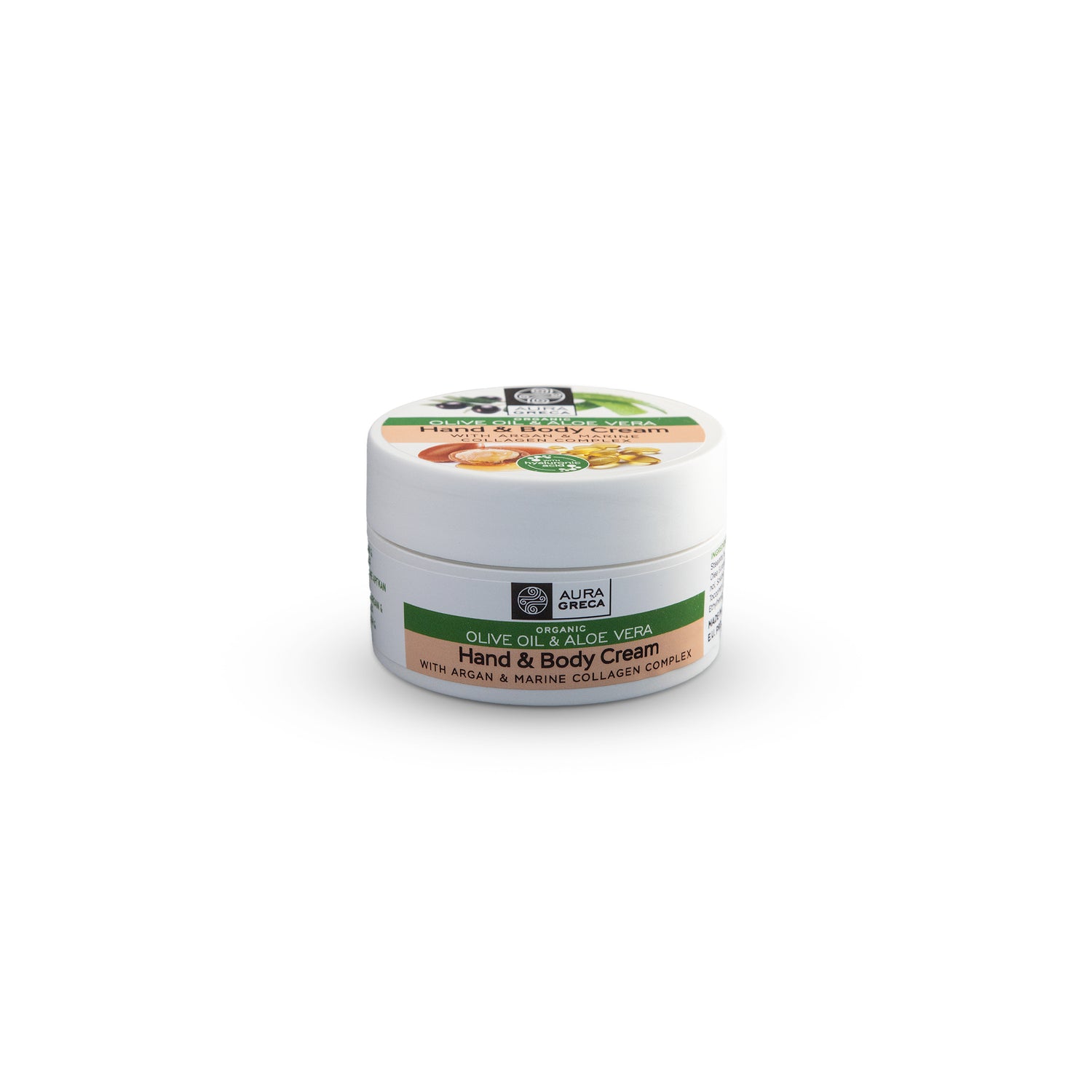 Aura Greca Hand & Body Cream with Argan & Marine Collagen Complex for anti-aging and deep hydration.
