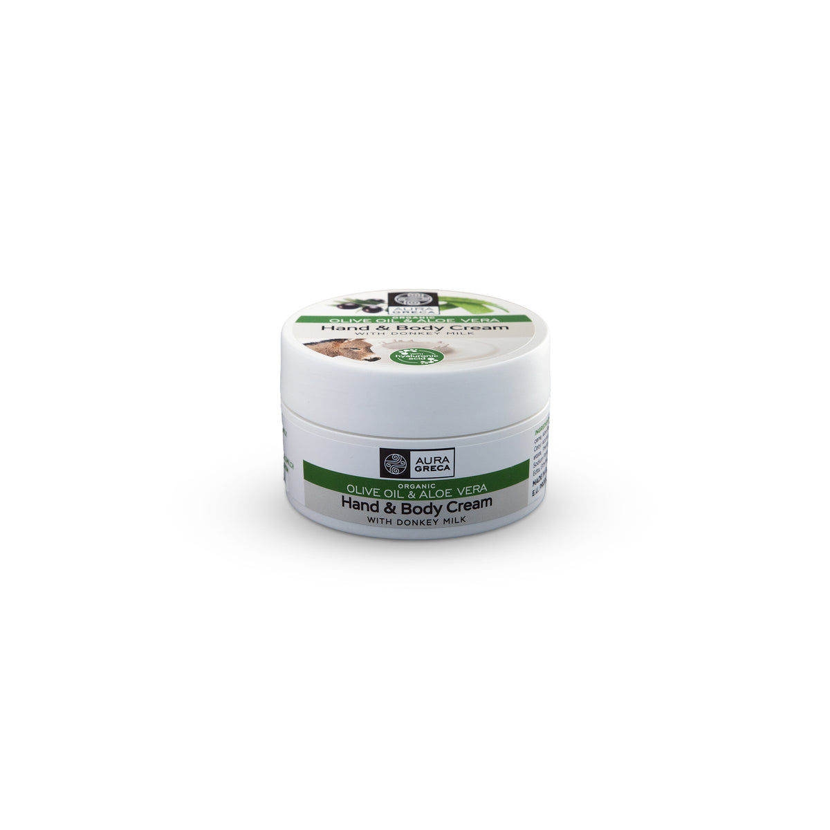 Aura Greca hand & body cream with donkey milk, infused with organic olive oil and aloe vera for ultra-soft, nourished skin.