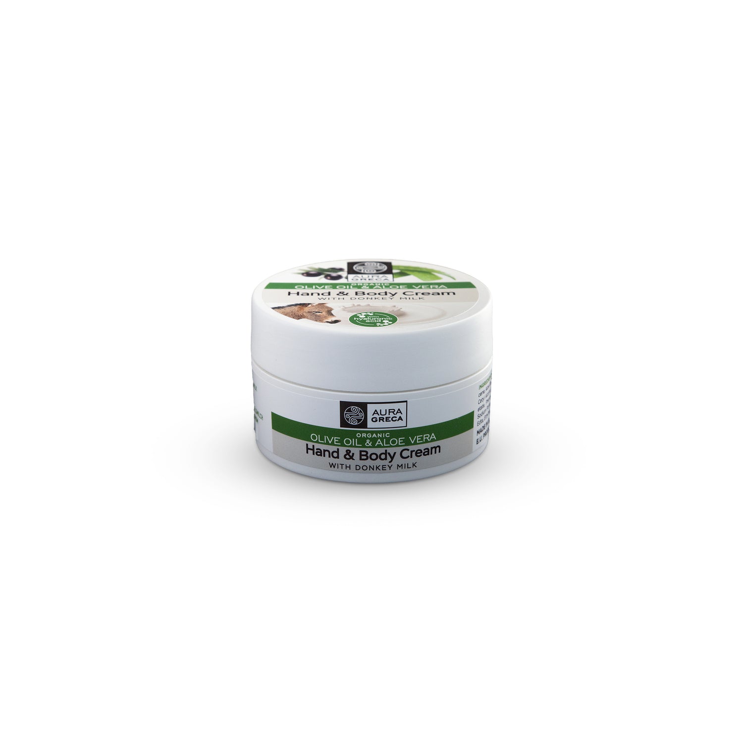Aura Greca hand & body cream with donkey milk, infused with organic olive oil and aloe vera for ultra-soft, nourished skin.
