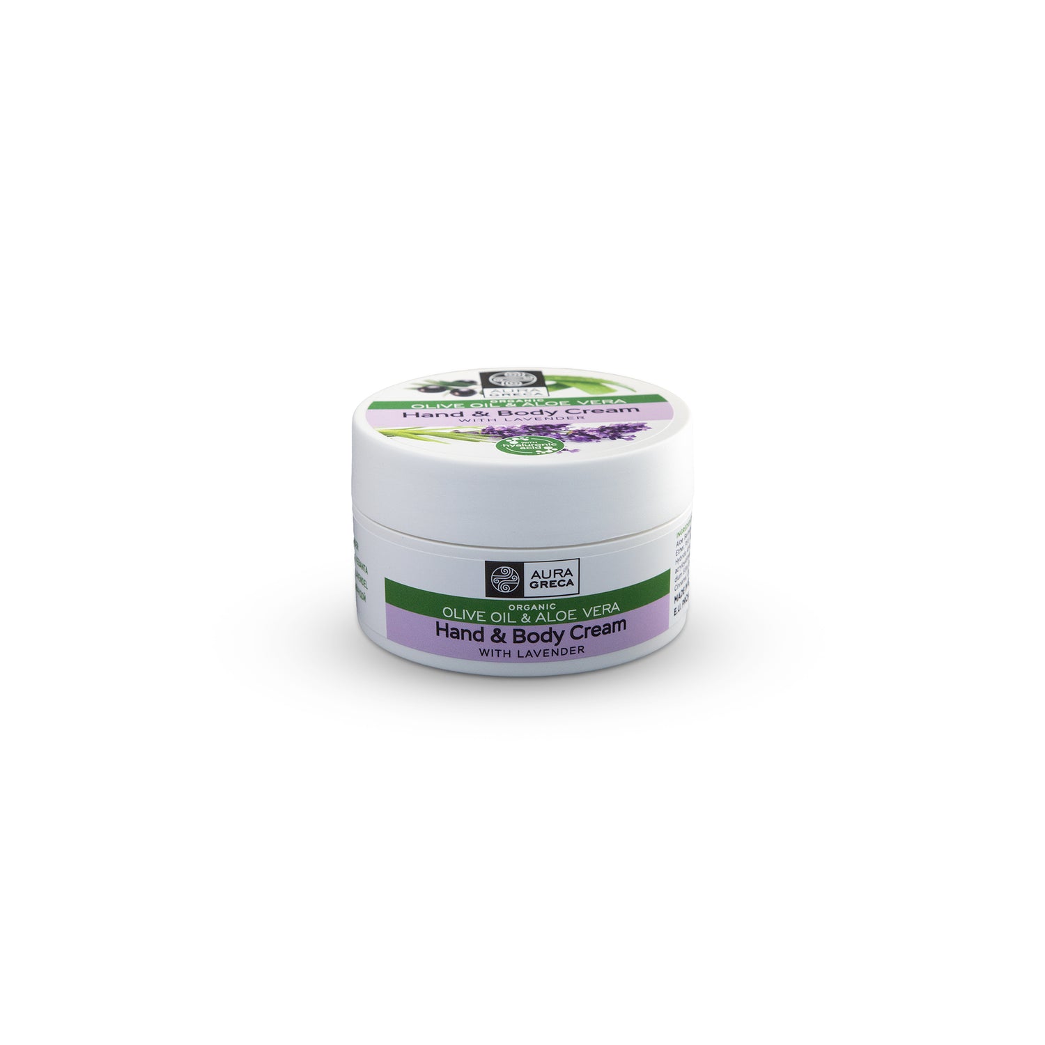 Aura Greca hand & body cream with lavender, enriched with organic olive oil and aloe vera to soothe and moisturize the skin.