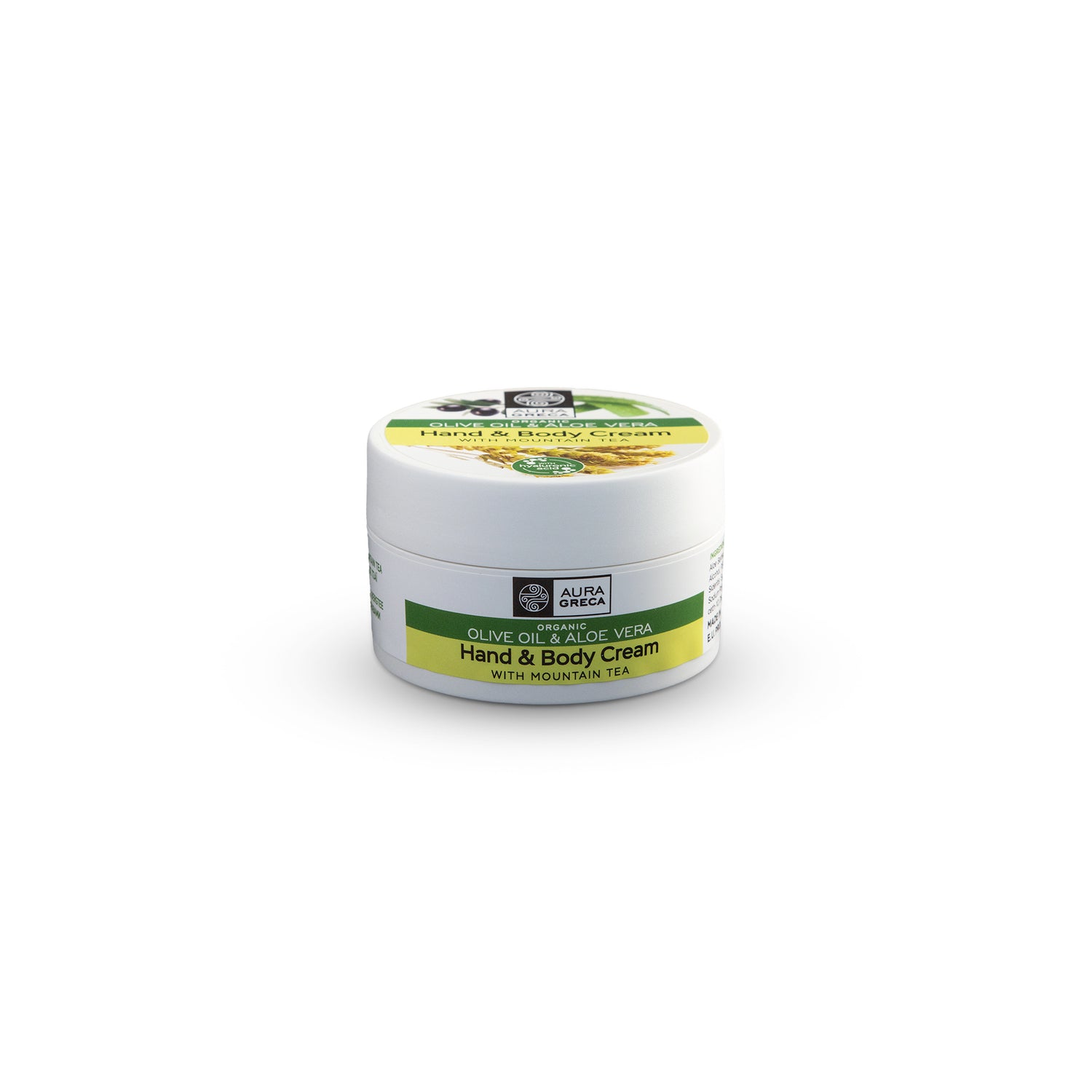 Aura Greca hand & body cream with mountain tea, infused with organic olive oil and aloe vera for skin hydration and revitalization.
