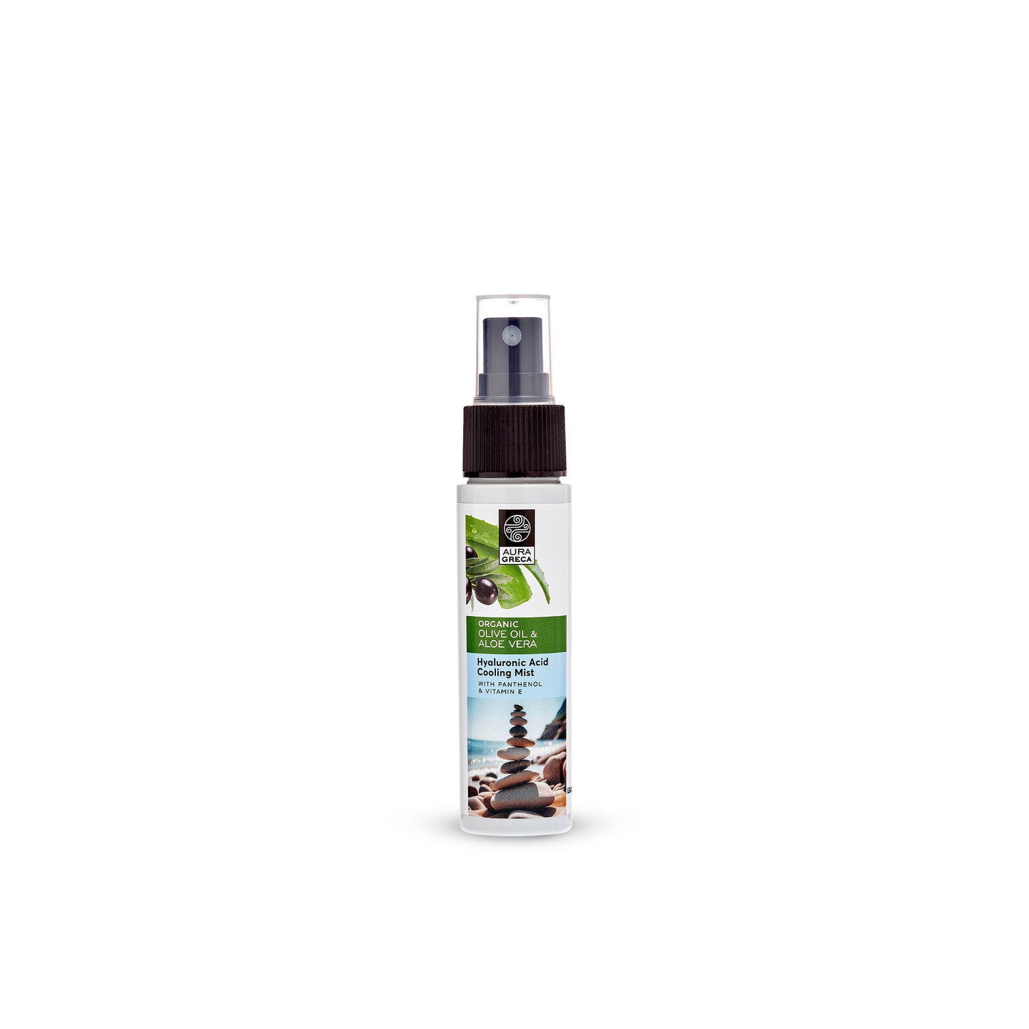 Aura Greca Hyaluronic Acid Cooling Mist with Olive Oil, Aloe Vera for instant skin refreshment and hydration.