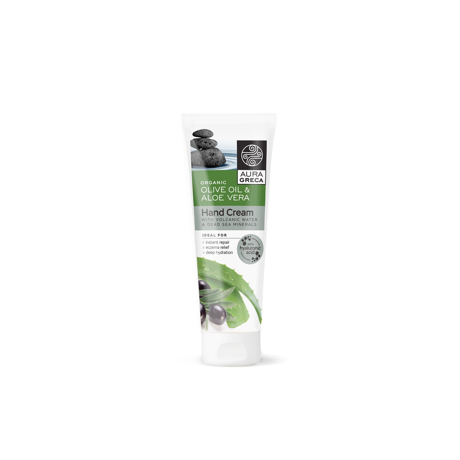 Aura Greca Hand Cream with Volcanic Water & Dead Sea Minerals – Intensive hydration and eczema relief for dry, sensitive skin in a 90ml tube.