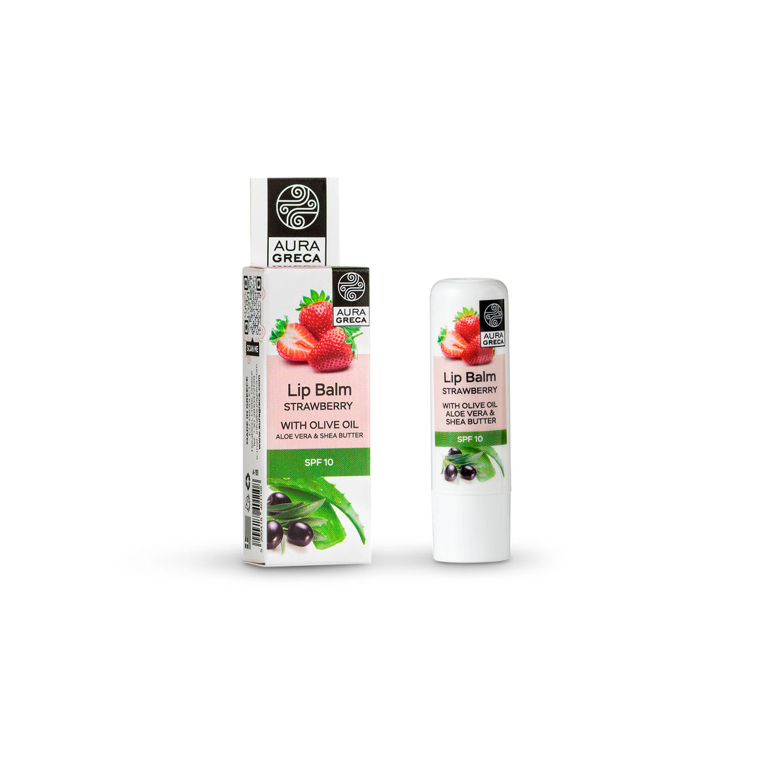 Aura Greca Lip Balm Strawberry with Olive Oil, Aloe Vera & Shea Butter SPF 10 – Moisturizing and protective lip balm.