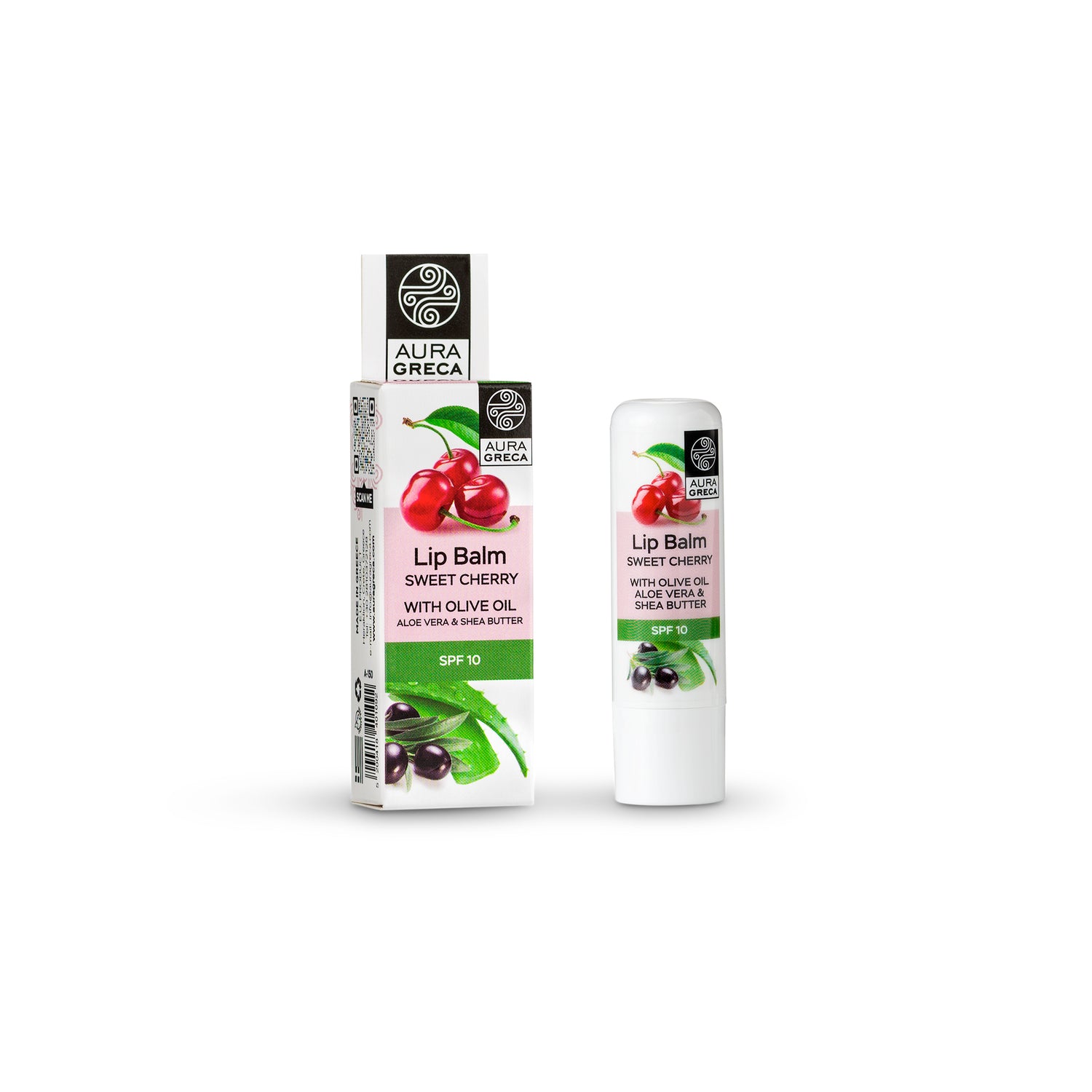 Aura Greca Lip Balm Cherry with Olive Oil, Aloe Vera & Shea Butter SPF 10 – Hydrating and nourishing lip care.