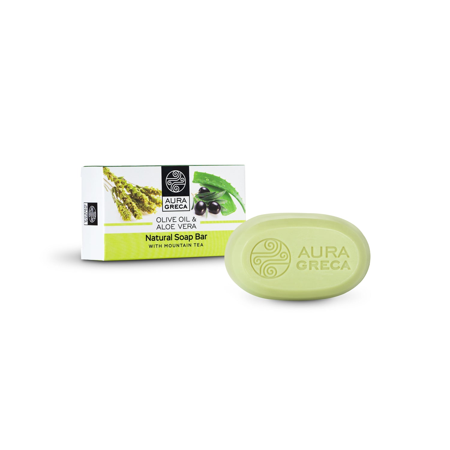 Aura Greca Natural Soap Bar with Mountain Tea, featuring olive oil and aloe vera for a refreshing and herbal cleansing ritual.