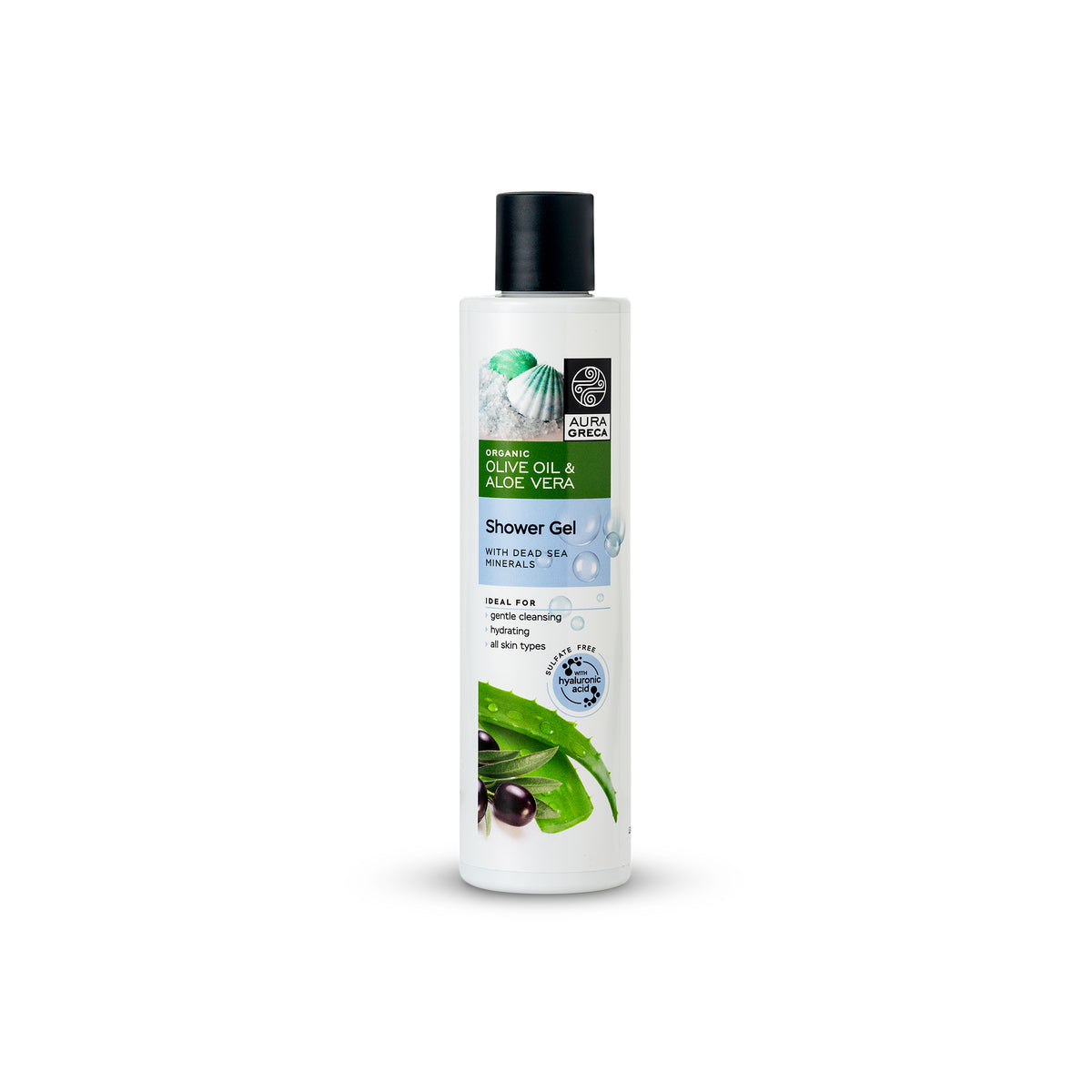 Aura Greca Shower Gel with Dead Sea Minerals for gentle cleansing and hydration, suitable for all skin types.
