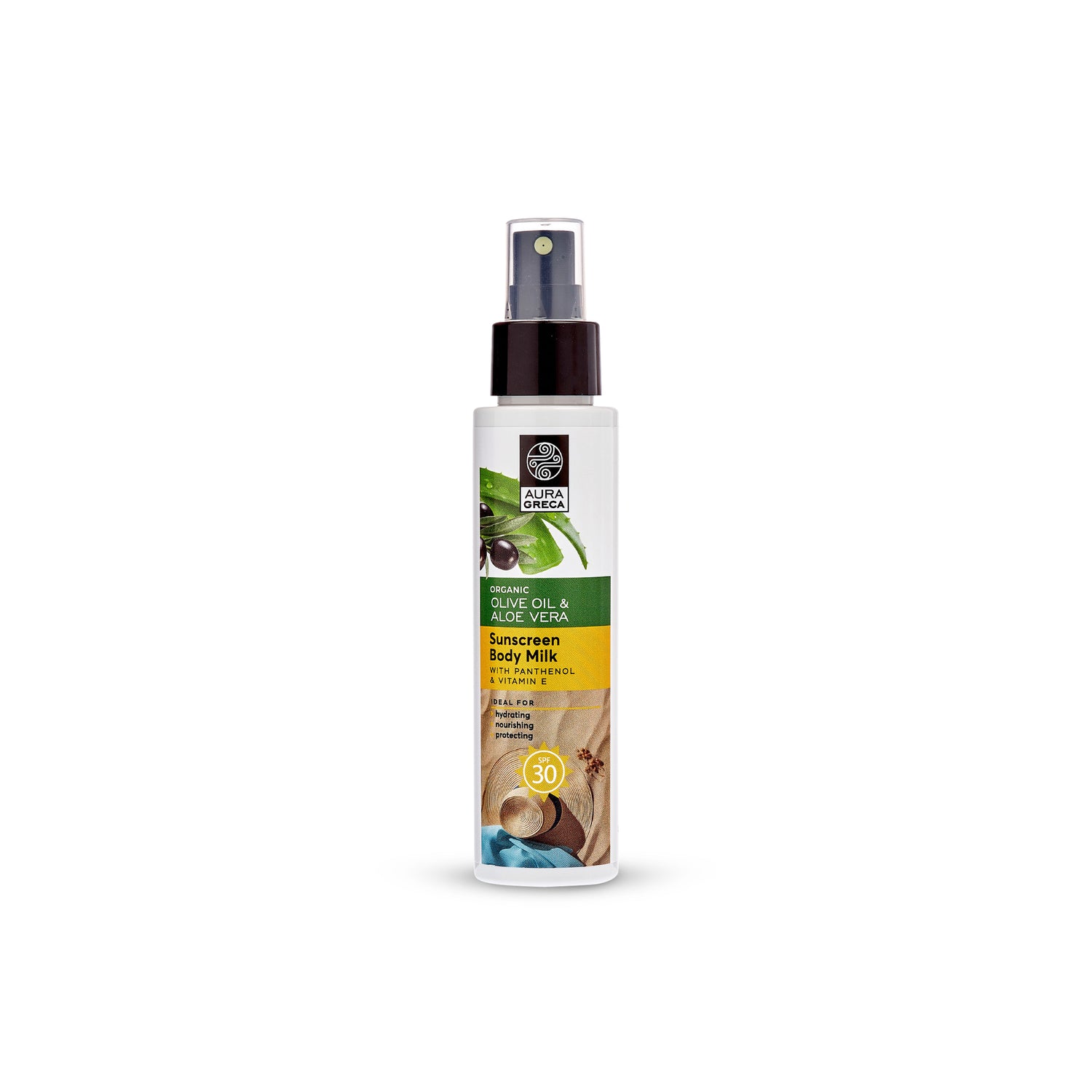Aura Greca Sunscreen Body Milk SPF 30 with Olive Oil, Aloe Vera, Panthenol & Vitamin E for hydrating and protecting skin from sun exposure.